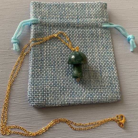 Moss Agate Mushroom Pendant Moss Agate Necklace Gold Plated Mushroom Necklace - Picture 2 of 4